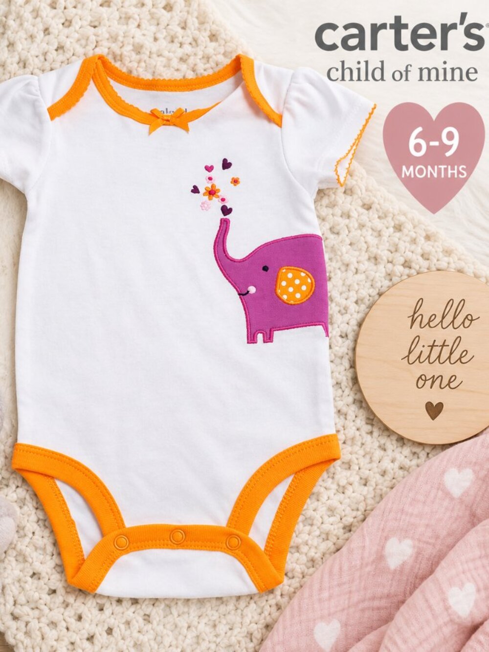 Carter’s Baby Girl Elephant Bodysuit 6-9M White Orange Trim Cotton Onesie